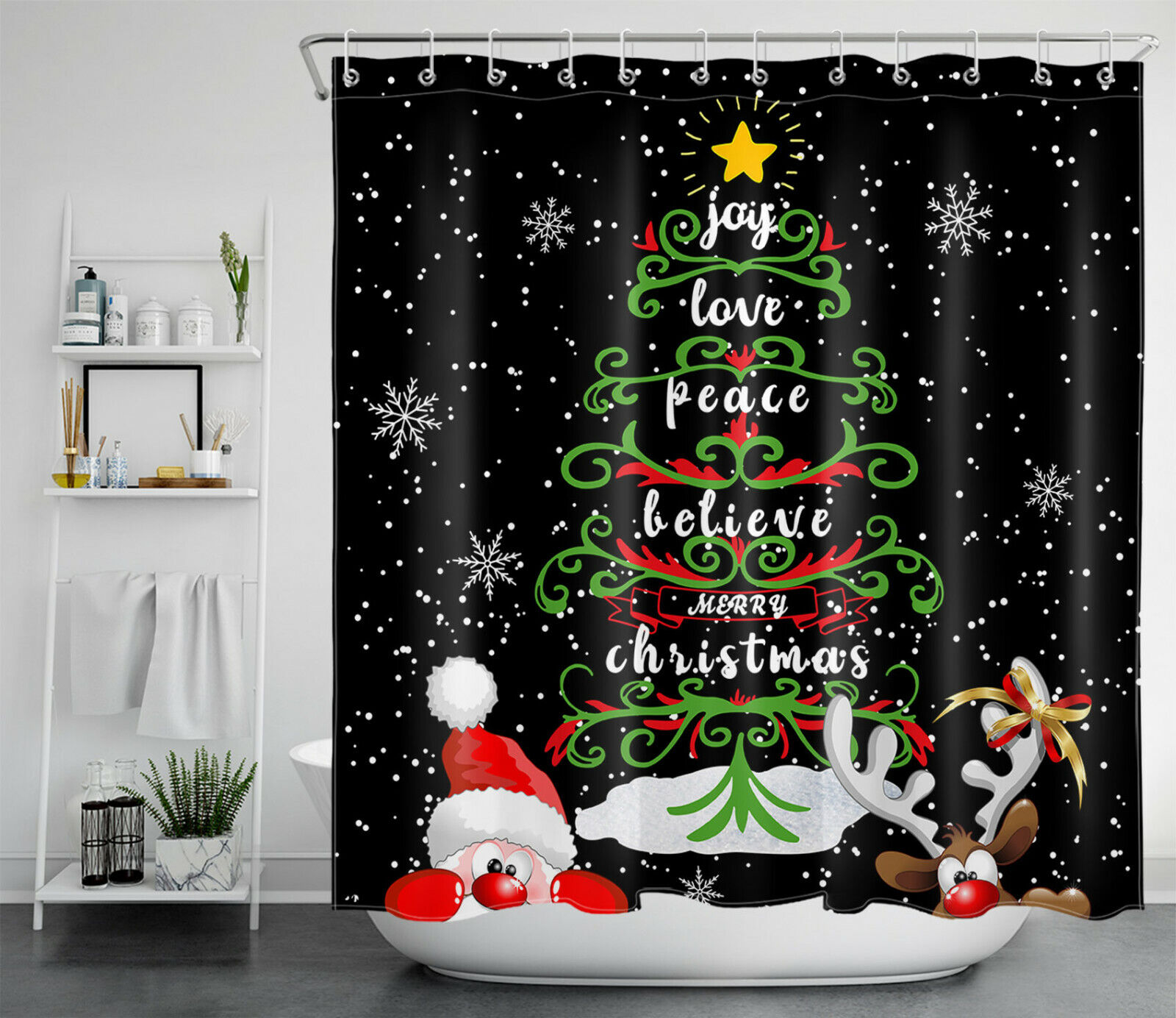Whimsical Cartoon Santa Elk Abstract Christmas Tree Fabric Shower Curtain For Bathroom Decor - Image 2