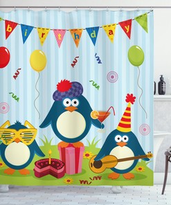 Whimsical Cartoon Shower Curtain With Birthday Penguin Print For Kids Bathroom Decor