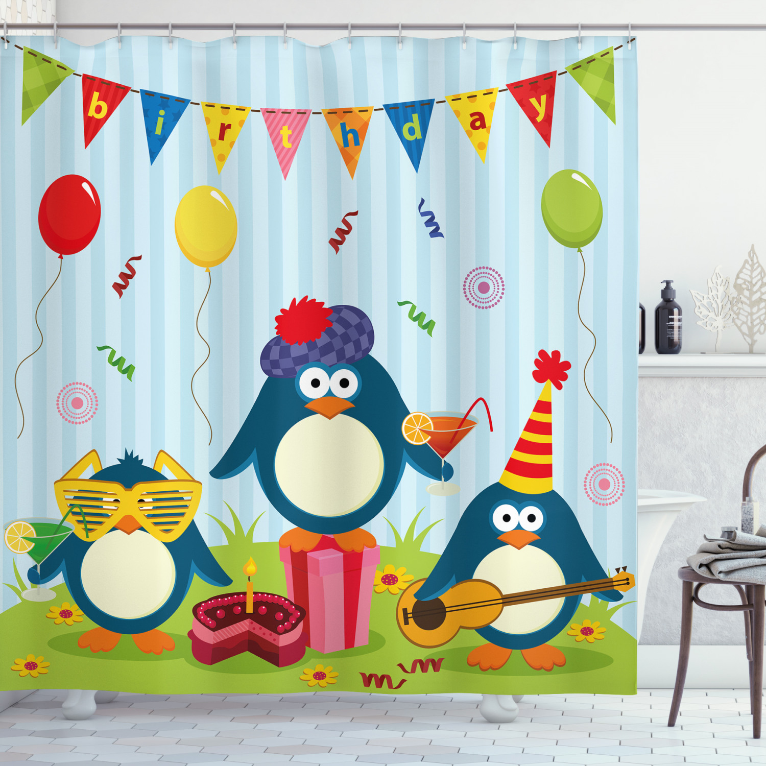 Whimsical Cartoon Shower Curtain With Birthday Penguin Print For Kids Bathroom Decor - Image 3