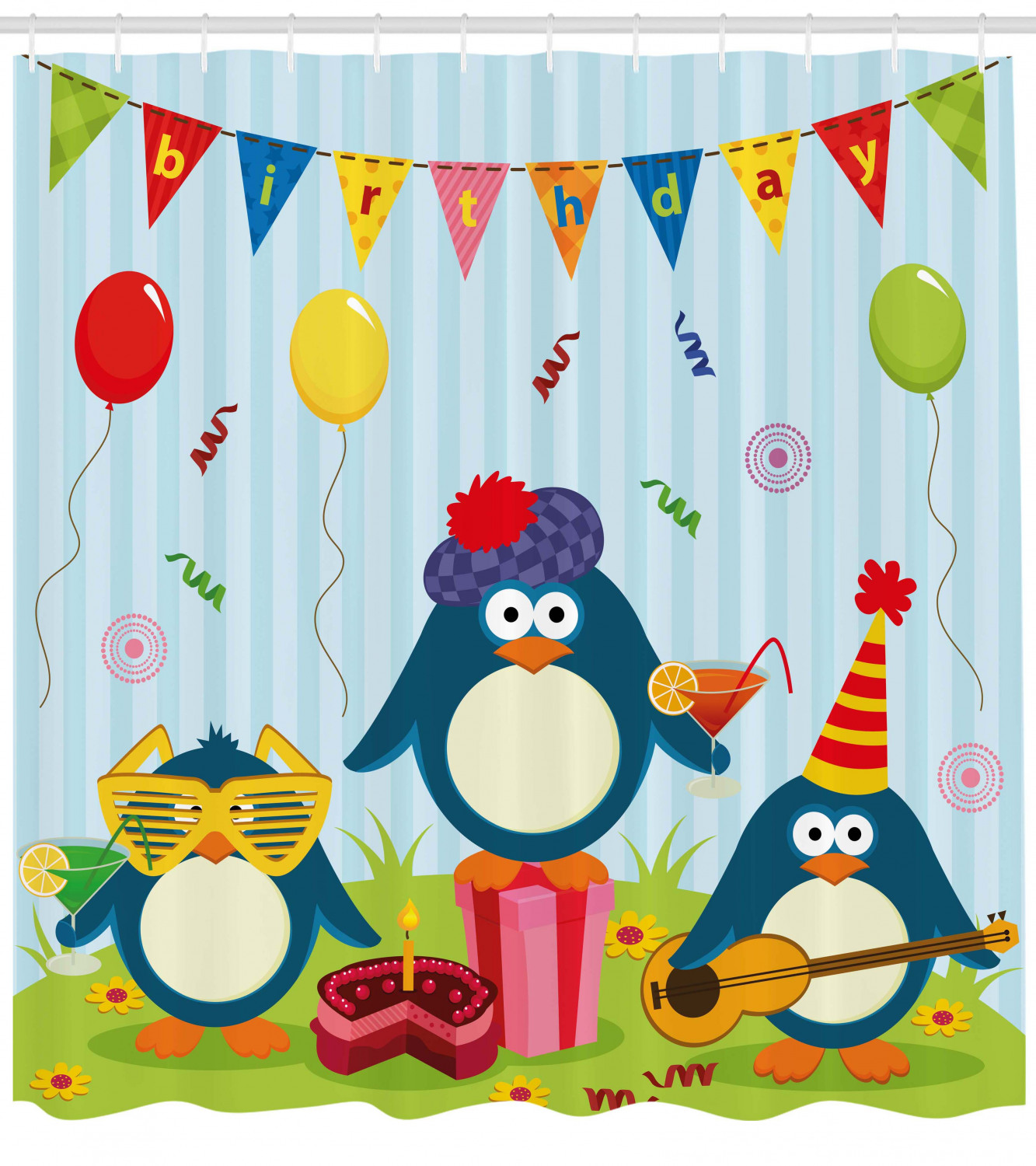 Whimsical Cartoon Shower Curtain With Birthday Penguin Print For Kids Bathroom Decor - Image 4