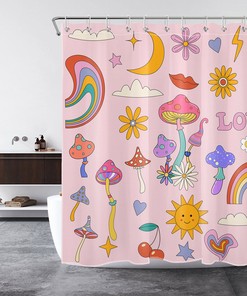 Whimsical Cartoon Shower Curtain with Rainbow Moon, Sun, Flower, and Mushroom Design