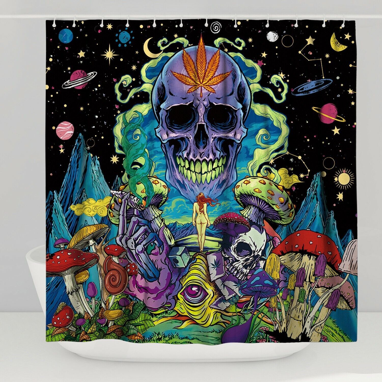 Whimsical Cartoon Skull Mushroom Planet Starry Bath Shower Curtain For Bathroom Decor