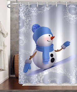 Whimsical Cartoon Snowflake Snowman Skateboard Bath Shower Curtain For Bathroom Decor