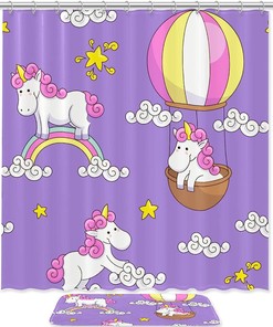 Whimsical Cartoon Unicorn With Rainbow Balloon Shower Curtain Made Of Fabric