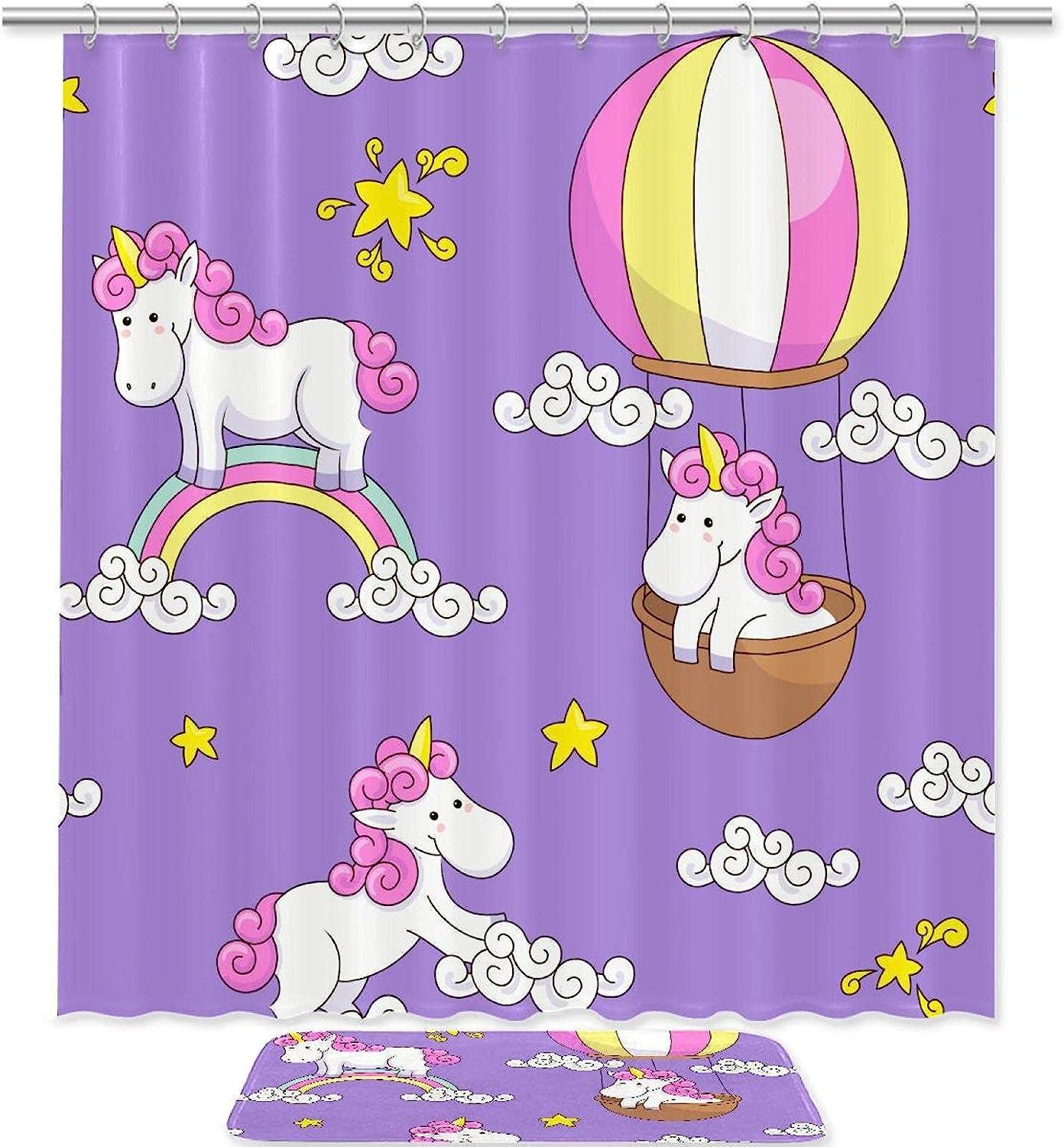 Whimsical Cartoon Unicorn With Rainbow Balloon Shower Curtain Made Of Fabric