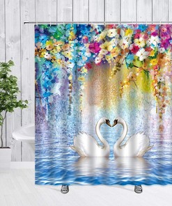 Whimsical Celebration of Love in White Swan and Flowers Shower Curtain for Romantic Bathroom Decor 
