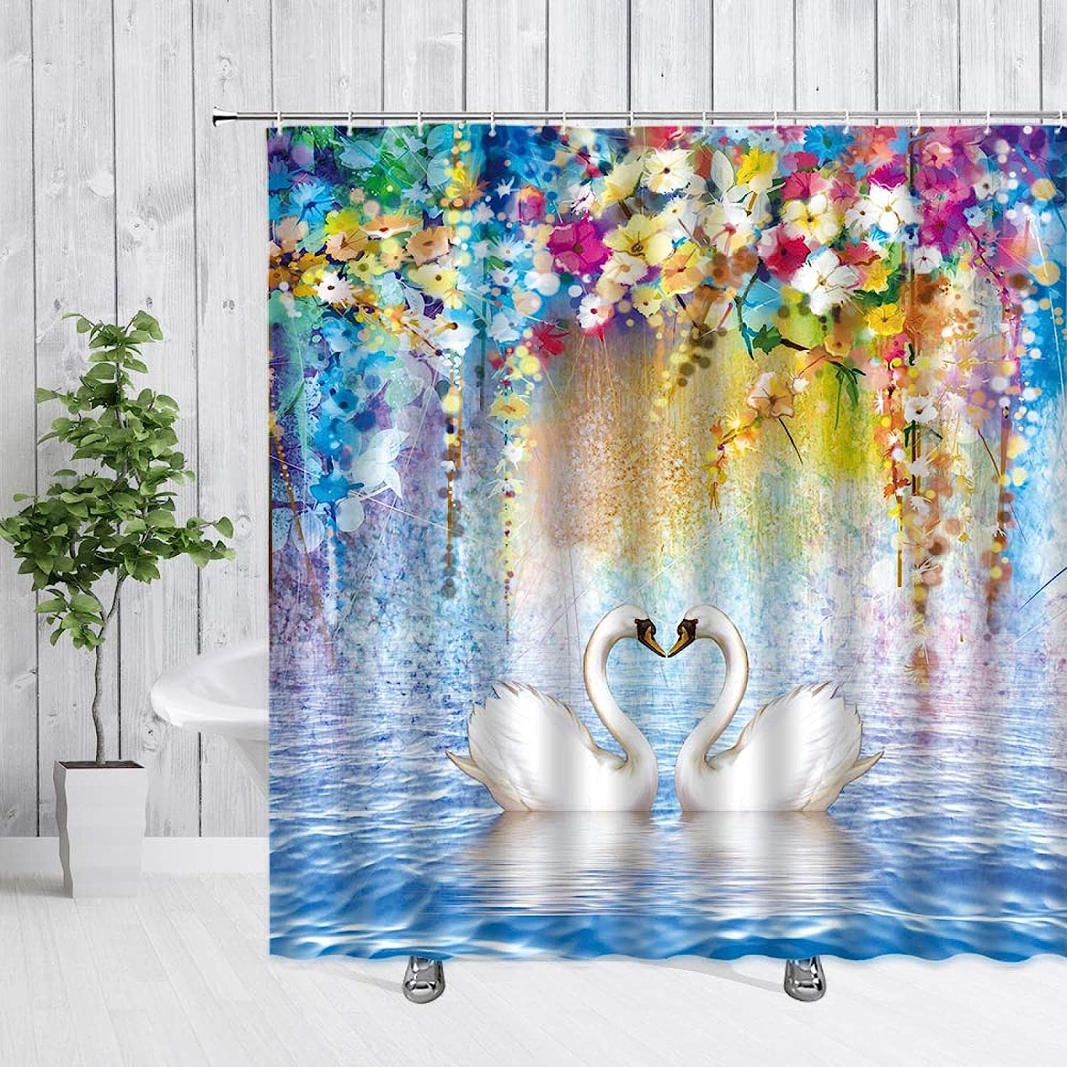 Whimsical Celebration of Love in White Swan and Flowers Shower Curtain for Romantic Bathroom Decor