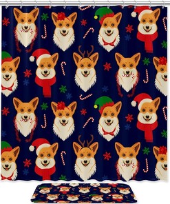 Whimsical Christmas Dogs Shower Curtain - Snowflakes And Festive Hat Bathroom Decor