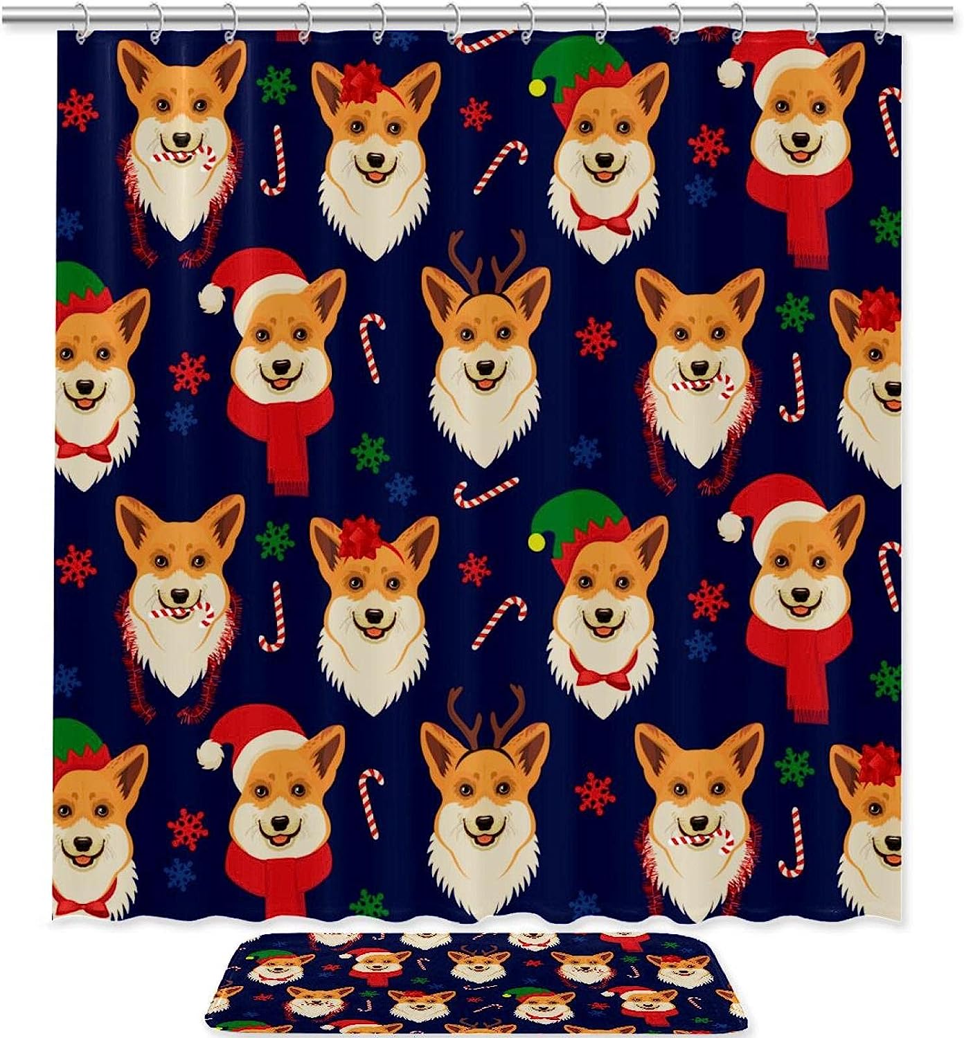 Whimsical Christmas Dogs Shower Curtain - Snowflakes And Festive Hat Bathroom Decor