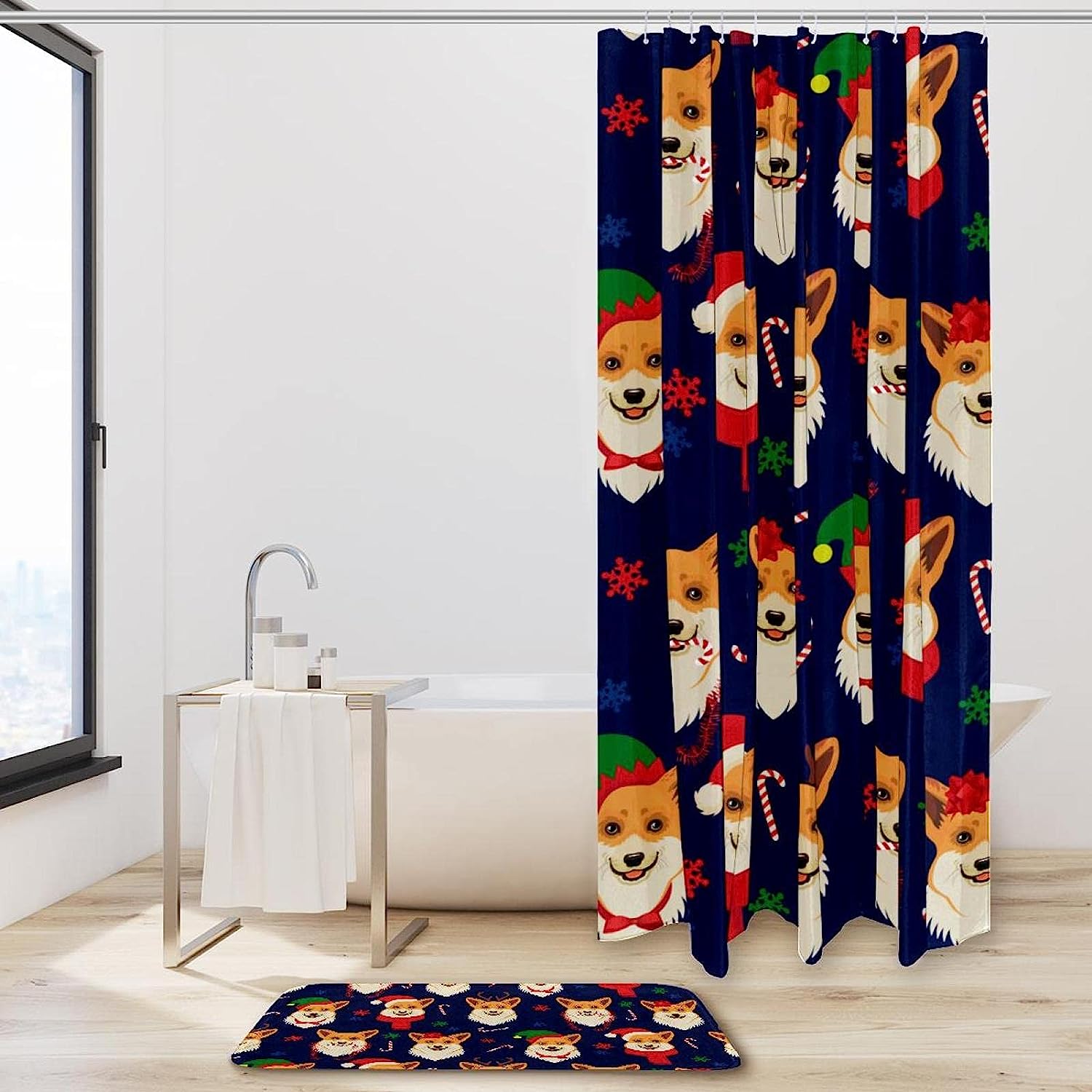 Whimsical Christmas Dogs Shower Curtain - Snowflakes And Festive Hat Bathroom Decor - Image 2