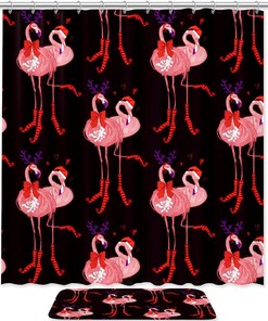 Whimsical Christmas Flamingo Antlers Shower Curtain - Festive Bathroom Accessory