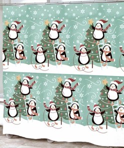 Whimsical Christmas Tree Penguin Bathroom Decor: Aqua Blue Shower Curtain with Winter Print for Holiday Cheer