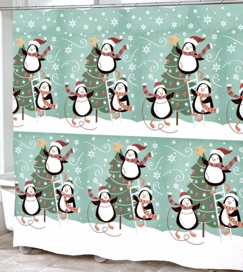 Whimsical Christmas Tree Penguin Bathroom Decor: Aqua Blue Shower Curtain with Winter Print for Holiday Cheer