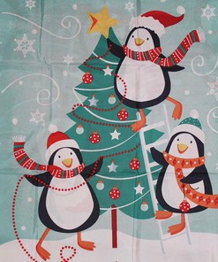 Whimsical Christmas Tree Penguin Bathroom Decor: Aqua Blue Shower Curtain with Winter Print for Holiday Cheer