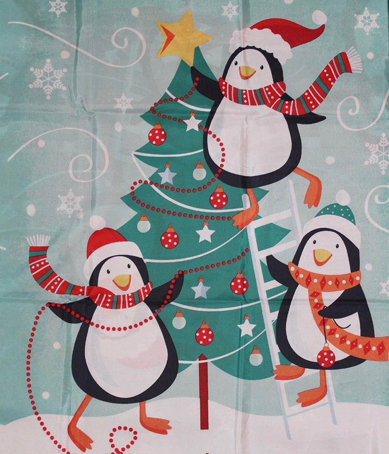 Whimsical Christmas Tree Penguin Bathroom Decor: Aqua Blue Shower Curtain with Winter Print for Holiday Cheer