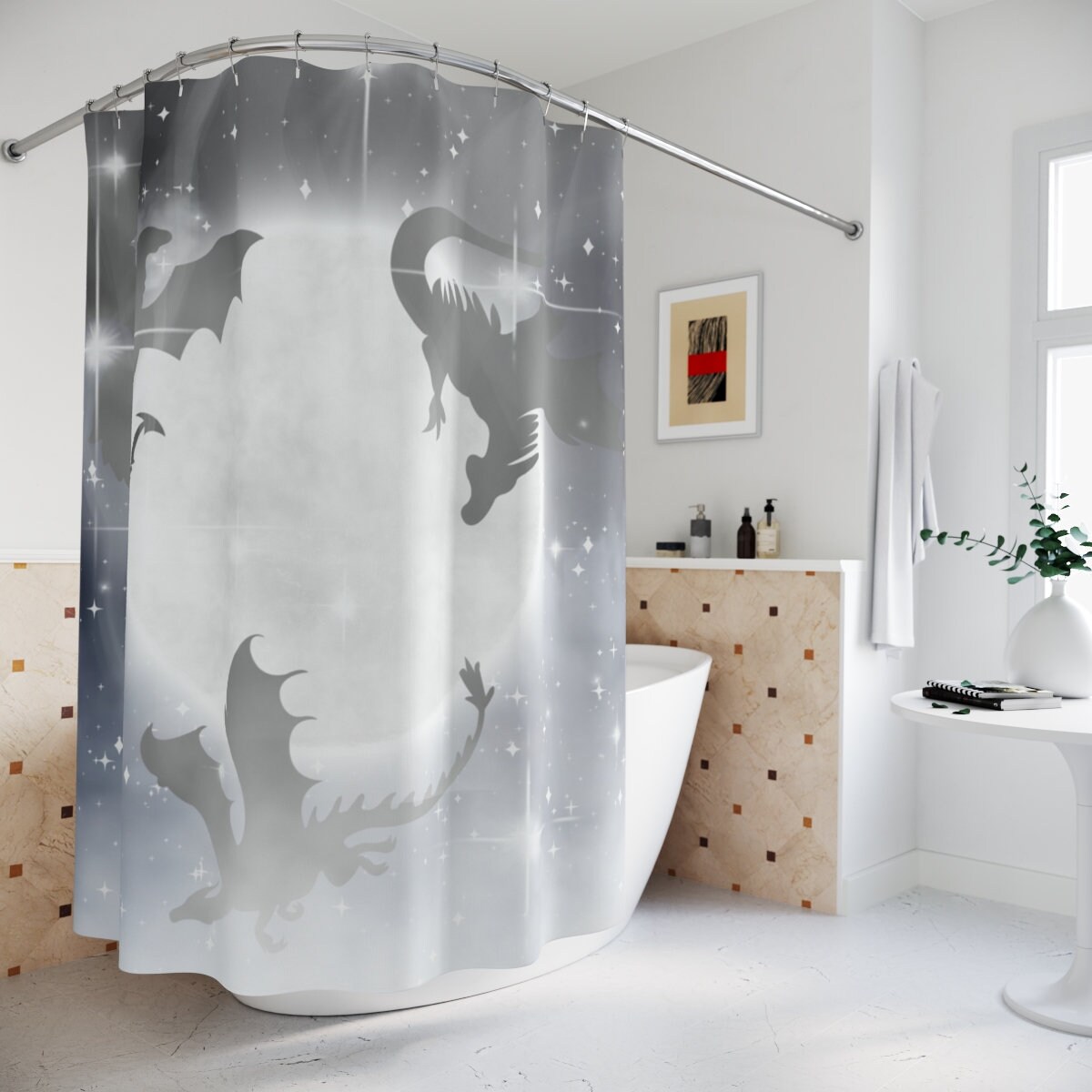 Whimsical Dragon Shower Curtain Featuring Moons And Stars For A Mythical Bathroom