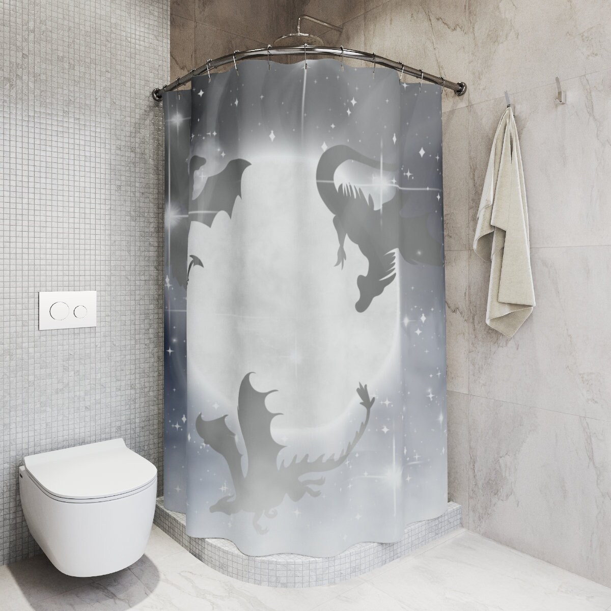 Whimsical Dragon Shower Curtain Featuring Moons And Stars For A Mythical Bathroom - Image 4