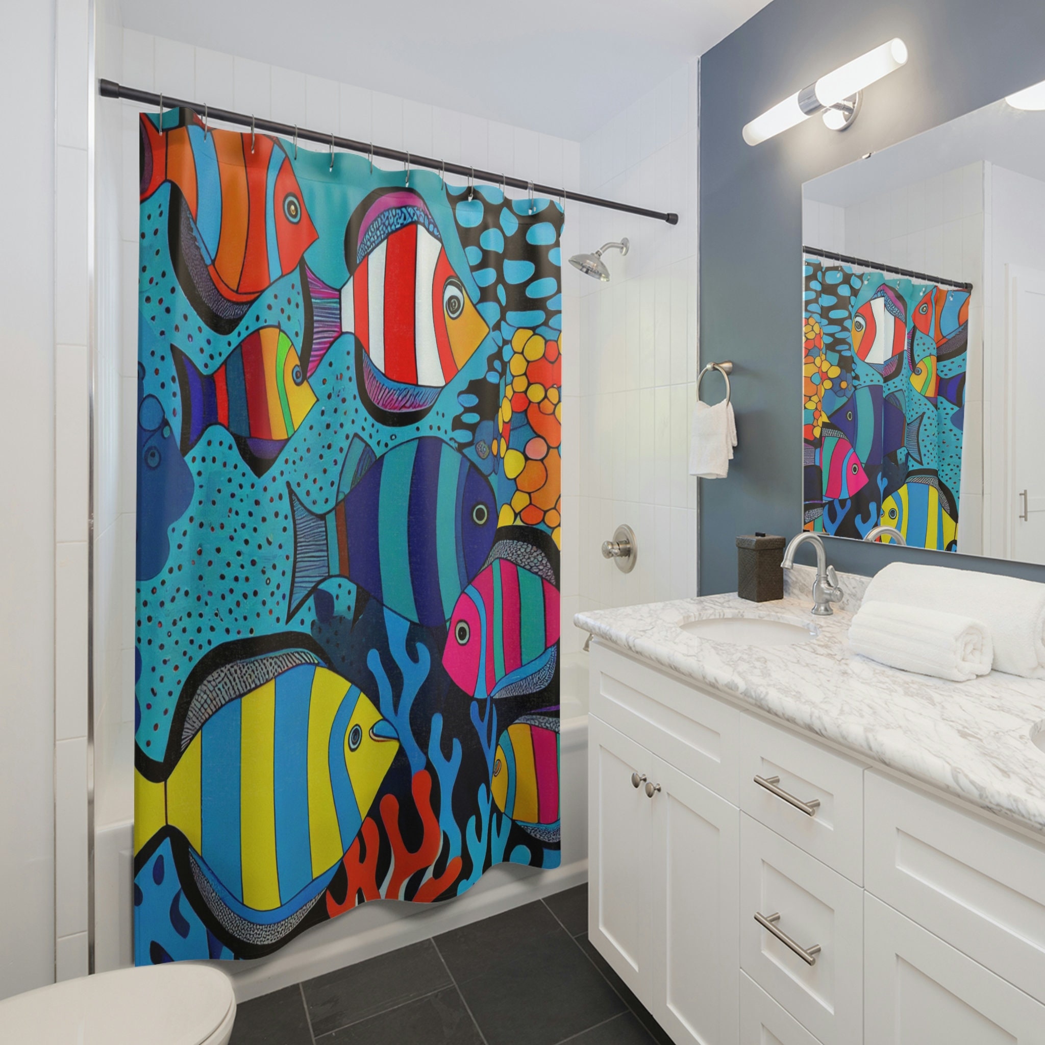 Whimsical Fish Shower Curtain for Colorful Tropical Bathroom Decor