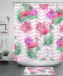 Whimsical Flamingo Flowers Green Leaves Pink Stripes Shower Curtain For A Playful Bathroom