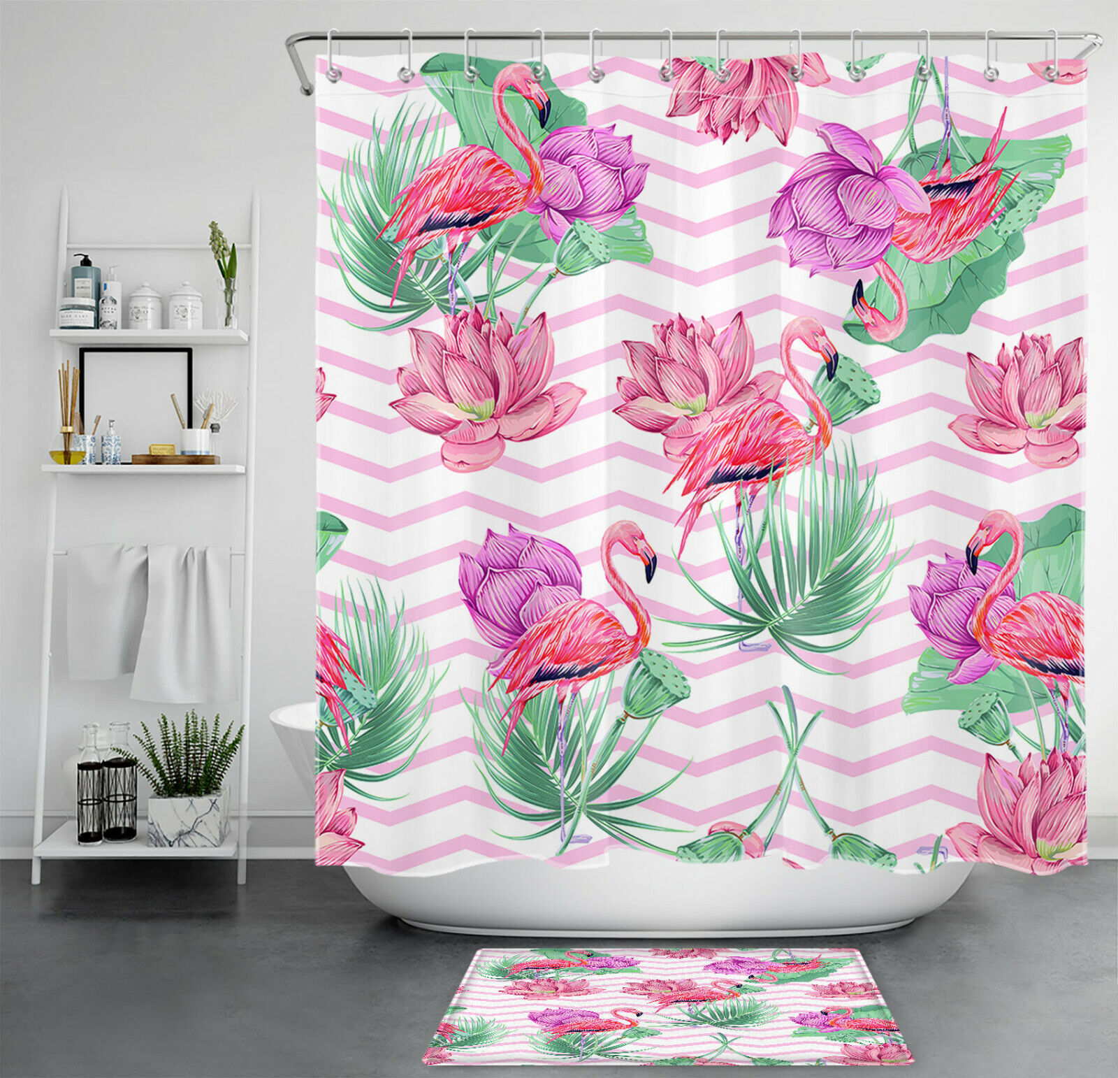 Whimsical Flamingo Flowers Green Leaves Pink Stripes Shower Curtain For A Playful Bathroom