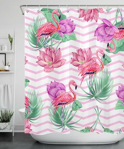 Whimsical Flamingo Flowers Green Leaves Pink Stripes Shower Curtain For A Playful Bathroom