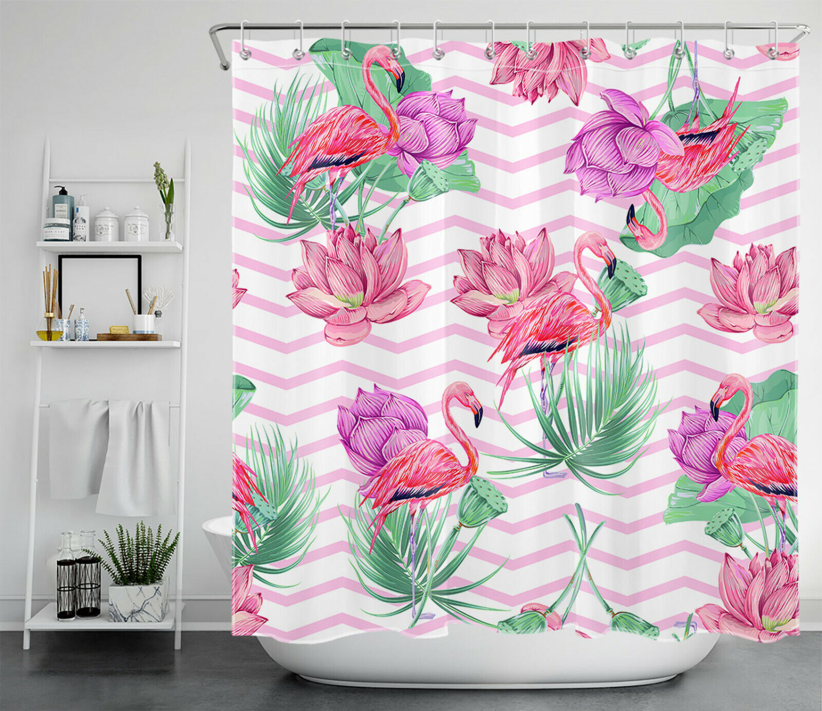 Whimsical Flamingo Flowers Green Leaves Pink Stripes Shower Curtain For A Playful Bathroom