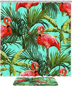 Whimsical Flamingo and Green Palm Leaf Print Shower Curtain for a Fun and Funky Bathroom