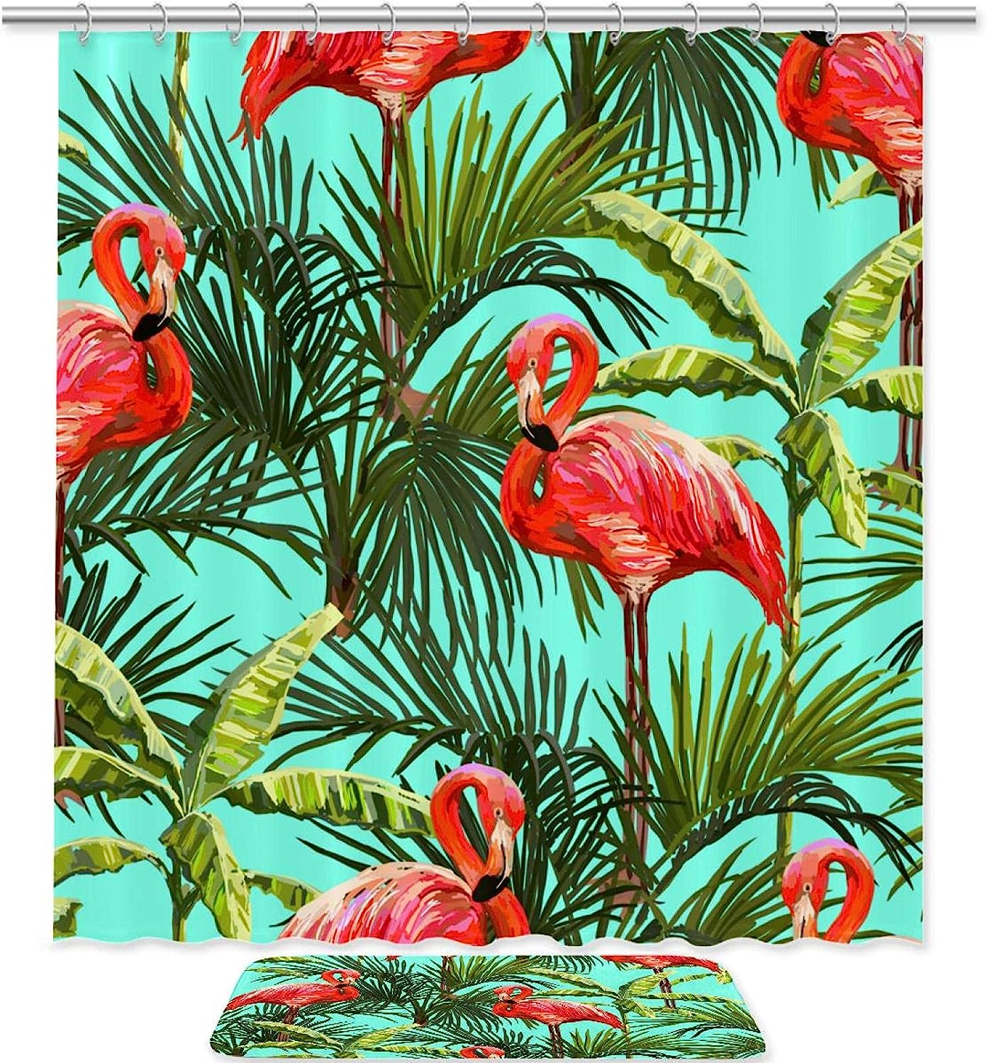 Whimsical Flamingo and Green Palm Leaf Print Shower Curtain for a Fun and Funky Bathroom