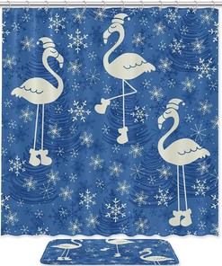 Whimsical Flamingos And Snowflakes Shower Curtain - Waterproof Fabric Bathroom Decor