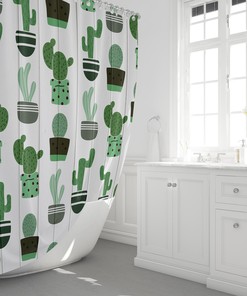 Whimsical Green Cactus on White Wood Print Shower Curtain for Botanical Bathroom Decor 