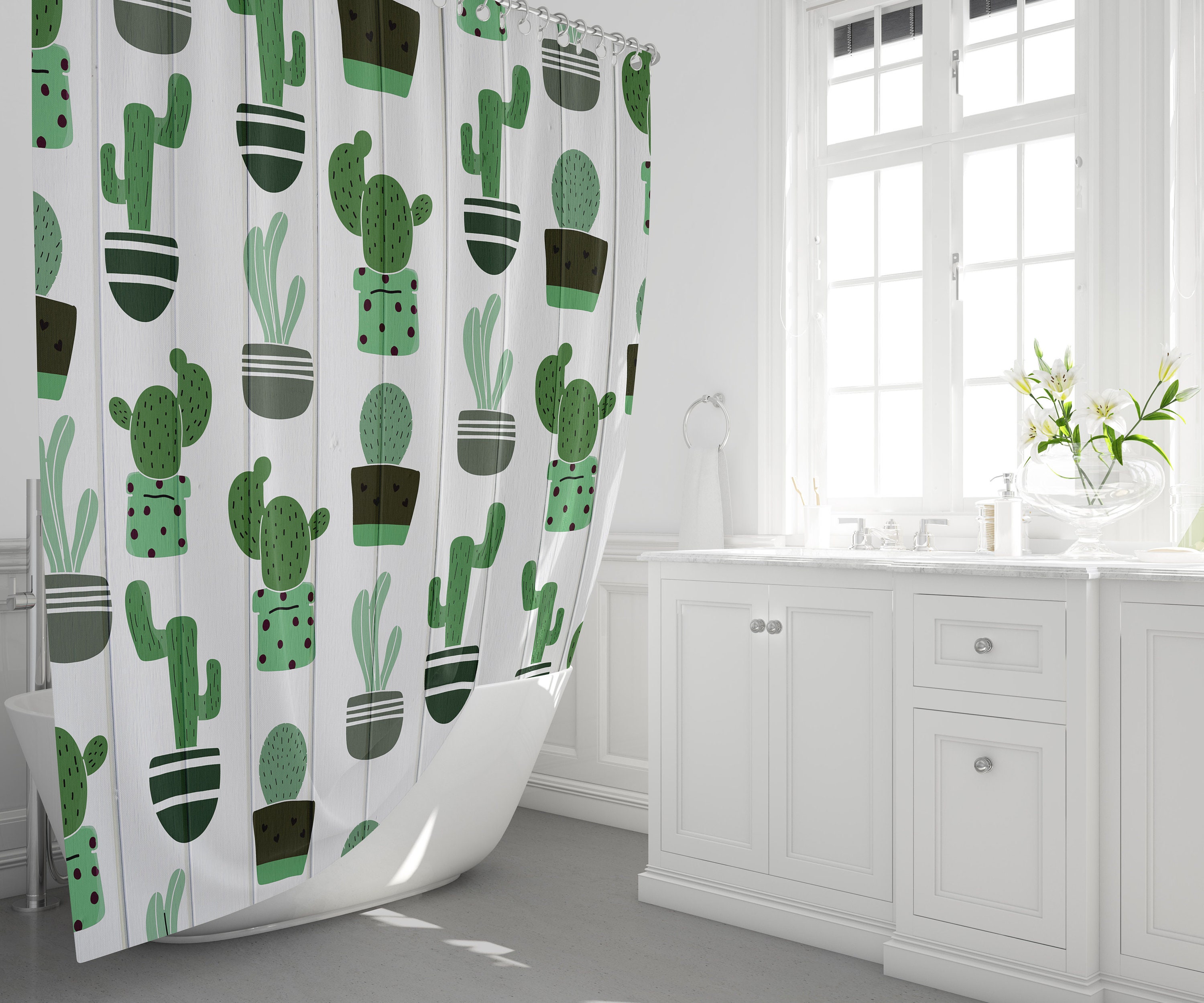 Whimsical Green Cactus on White Wood Print Shower Curtain for Botanical Bathroom Decor