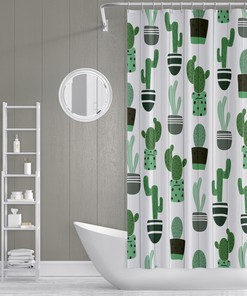 Whimsical Green Cactus on White Wood Print Shower Curtain for Botanical Bathroom Decor