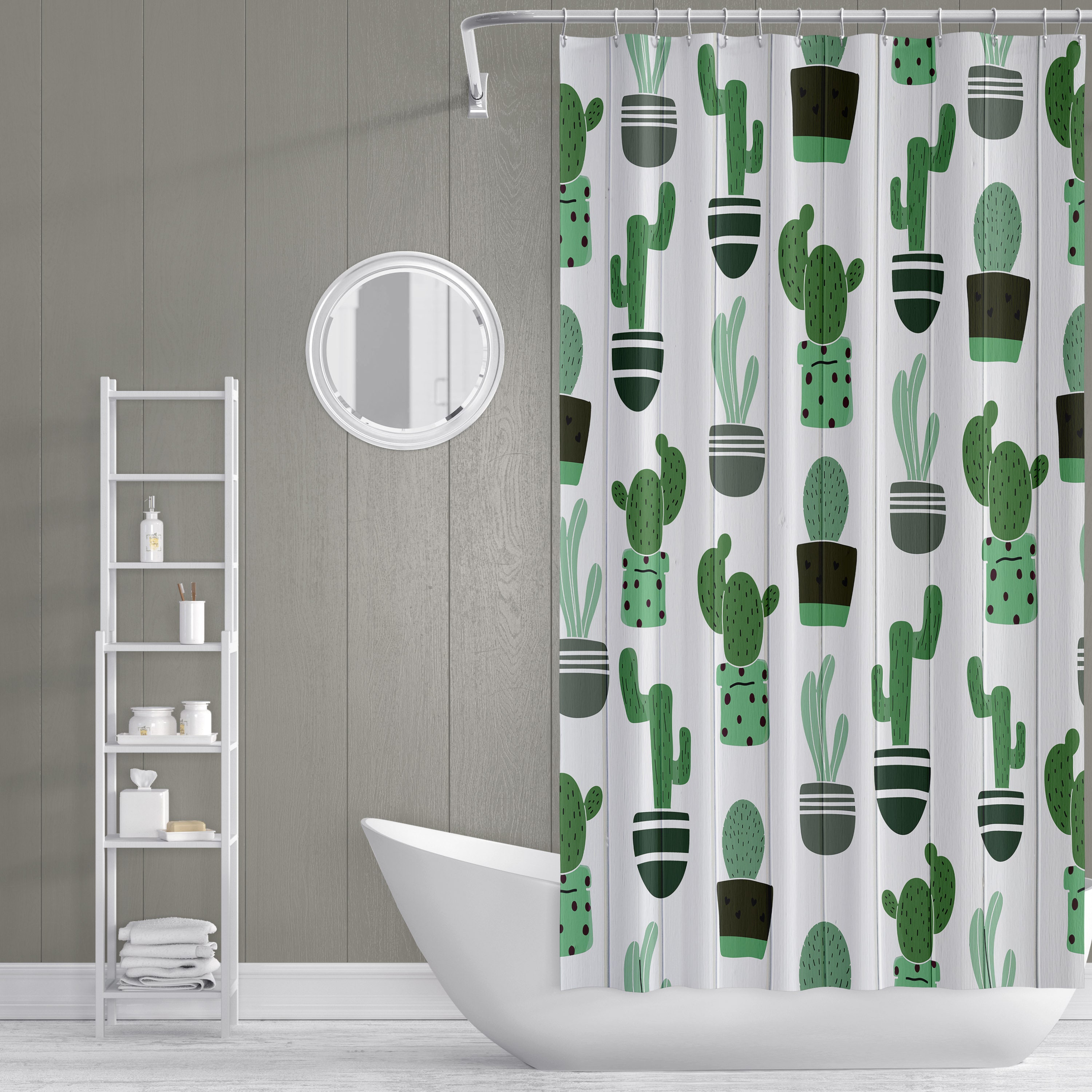 Whimsical Green Cactus on White Wood Print Shower Curtain for Botanical Bathroom Decor
