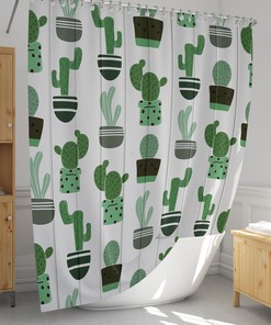 Whimsical Green Cactus on White Wood Print Shower Curtain for Botanical Bathroom Decor
