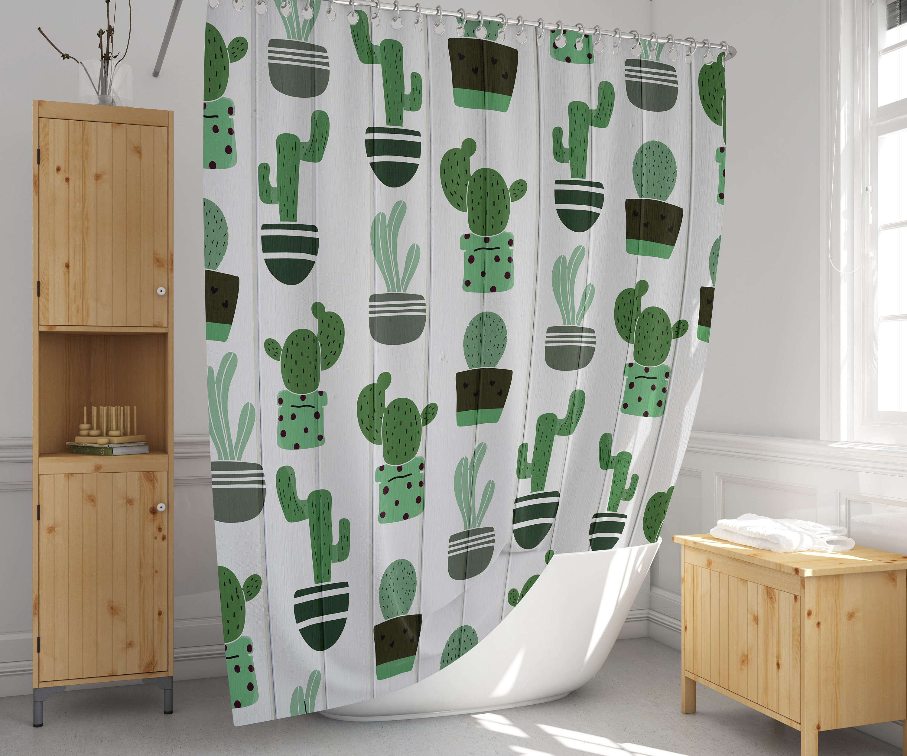 Whimsical Green Cactus on White Wood Print Shower Curtain for Botanical Bathroom Decor