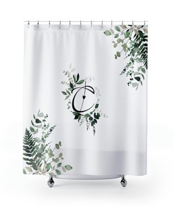 Whimsical Monogramed Letter C Shower Curtain with Botanical Greenery Ivy, Eucalyptus, and Fern Pattern