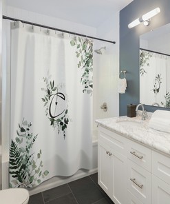 Whimsical Monogramed Letter C Shower Curtain with Botanical Greenery Ivy, Eucalyptus, and Fern Pattern