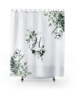 Whimsical Monogramed Letter H Shower Curtain with Botanical Greenery Ivy, Eucalyptus, and Fern Pattern