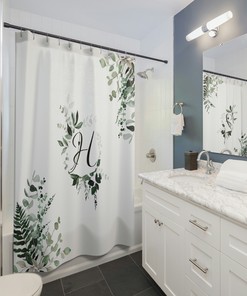 Whimsical Monogramed Letter H Shower Curtain with Botanical Greenery Ivy, Eucalyptus, and Fern Pattern