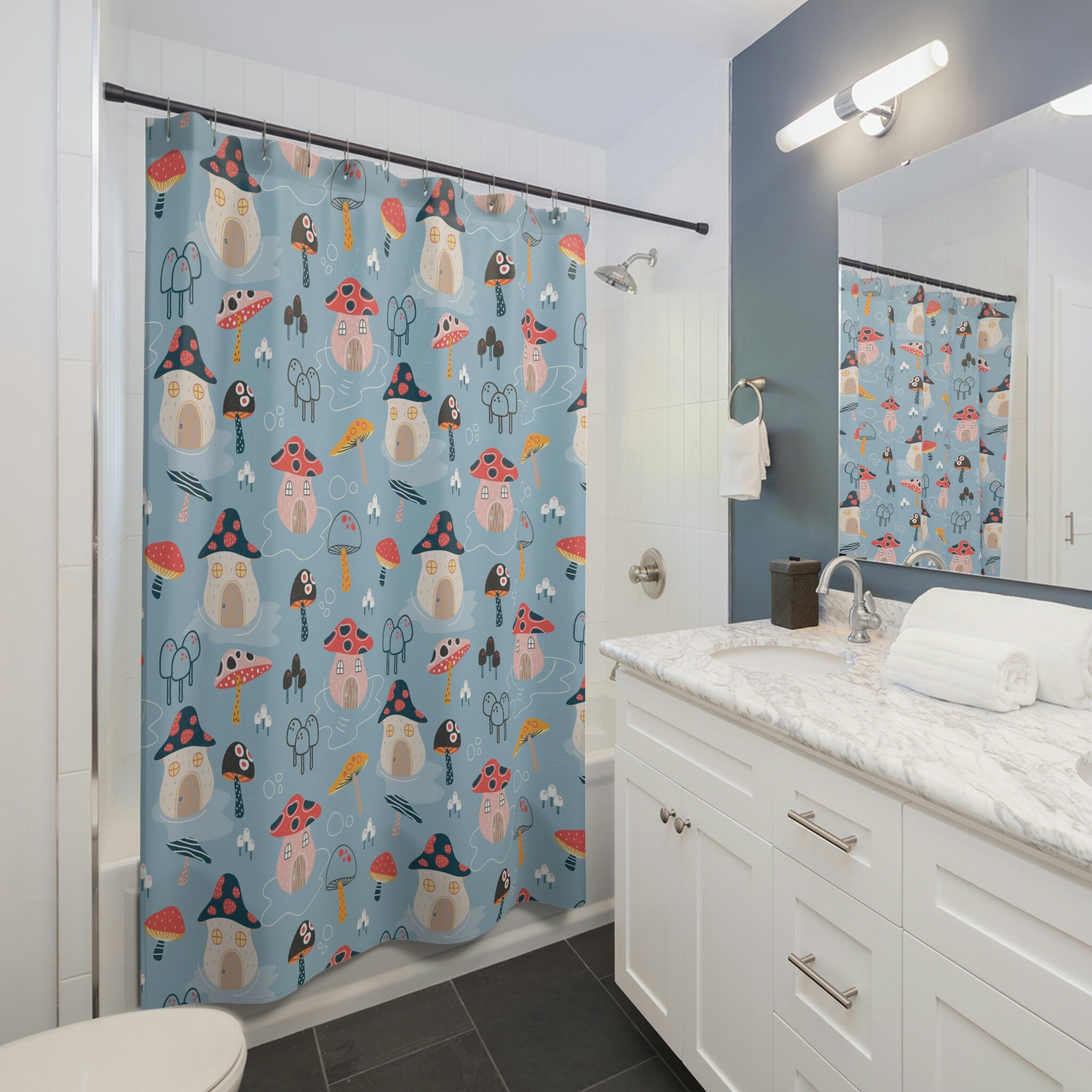 Whimsical Mushroom Houses Shower Curtain - Perfect for Playful Bathroom Decor