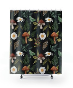 Whimsical Mushroom Shower Curtain, Botanical Theme for Bathroom 