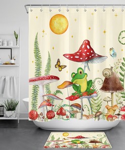 Whimsical Plant And Mushroom Boho Retro Funny Frog Shower Curtain For Bathroom Accessories