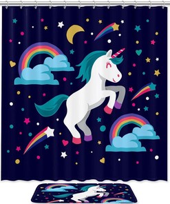 Whimsical Rainbow Cartoon Shower Curtain with Unicorn, Stars, and Moons for Your Bathroom
