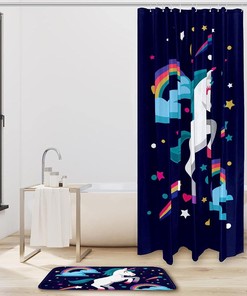 Whimsical Rainbow Cartoon Shower Curtain with Unicorn, Stars, and Moons for Your Bathroom