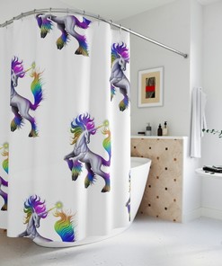 Whimsical Rainbow Unicorn Shower Curtain with Colorful Fabric Design for Kids Bathroom