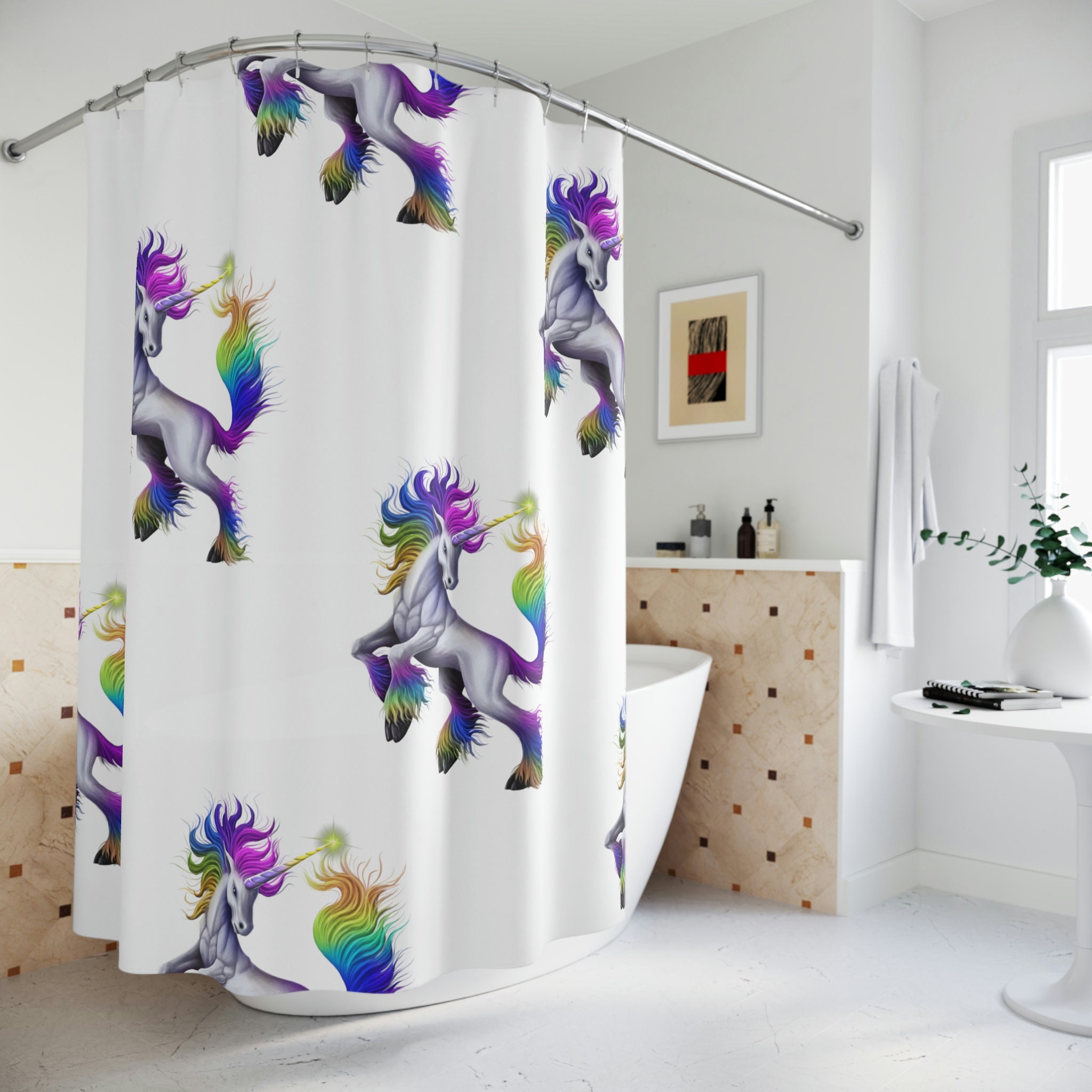 Whimsical Rainbow Unicorn Shower Curtain with Colorful Fabric Design for Kids Bathroom