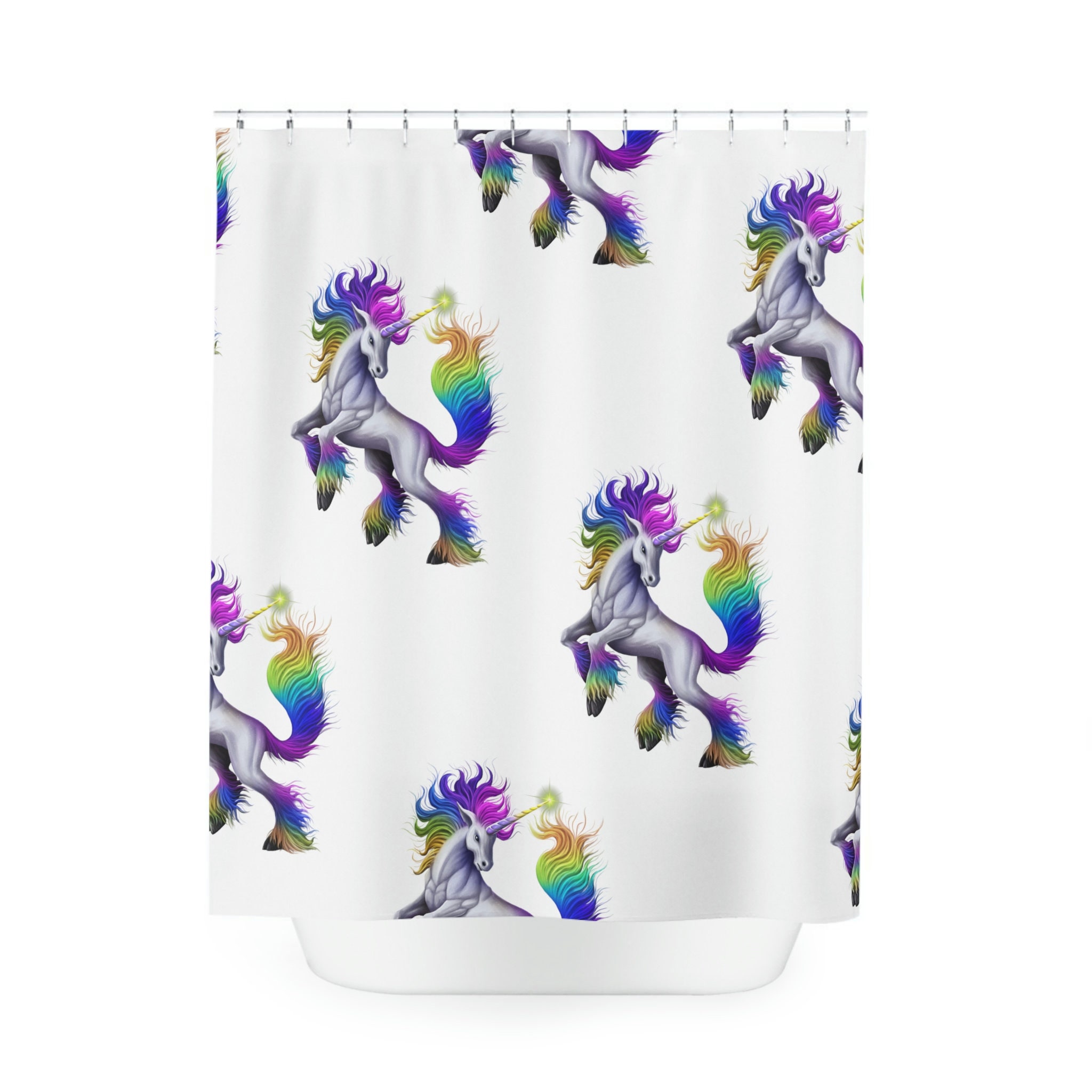 Whimsical Rainbow Unicorn Shower Curtain with Colorful Fabric Design for Kids Bathroom