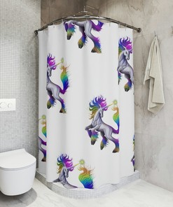 Whimsical Rainbow Unicorn Shower Curtain with Colorful Fabric Design for Kids Bathroom