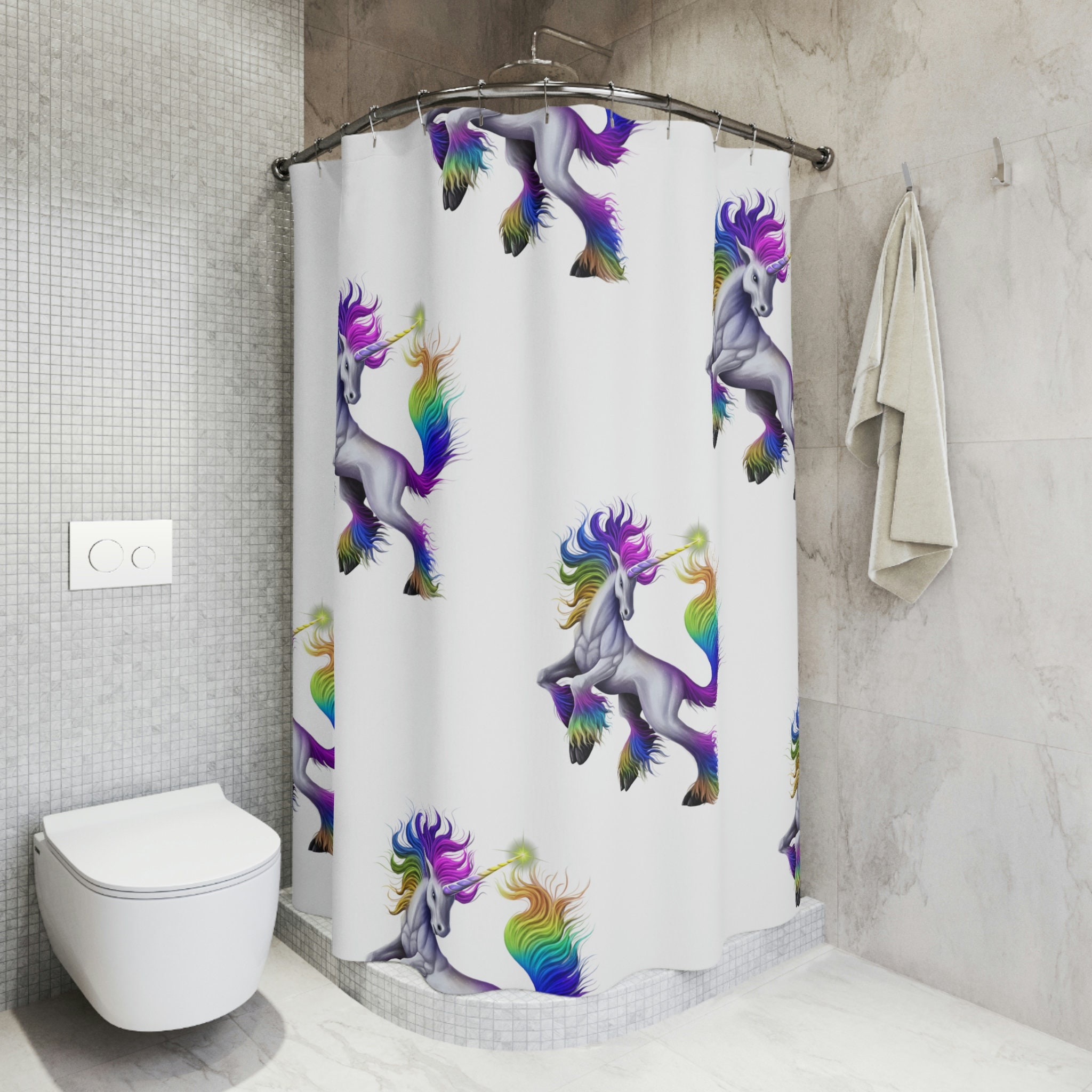 Whimsical Rainbow Unicorn Shower Curtain with Colorful Fabric Design for Kids Bathroom
