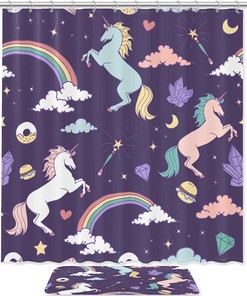 Whimsical Rainbow and Unicorn Shower Curtain with Colorful Fabric Design for Kids Bathroom